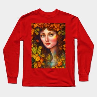 Autumnal Equinox Beautiful Woman Surrounded By Autumn Leaves Long Sleeve T-Shirt